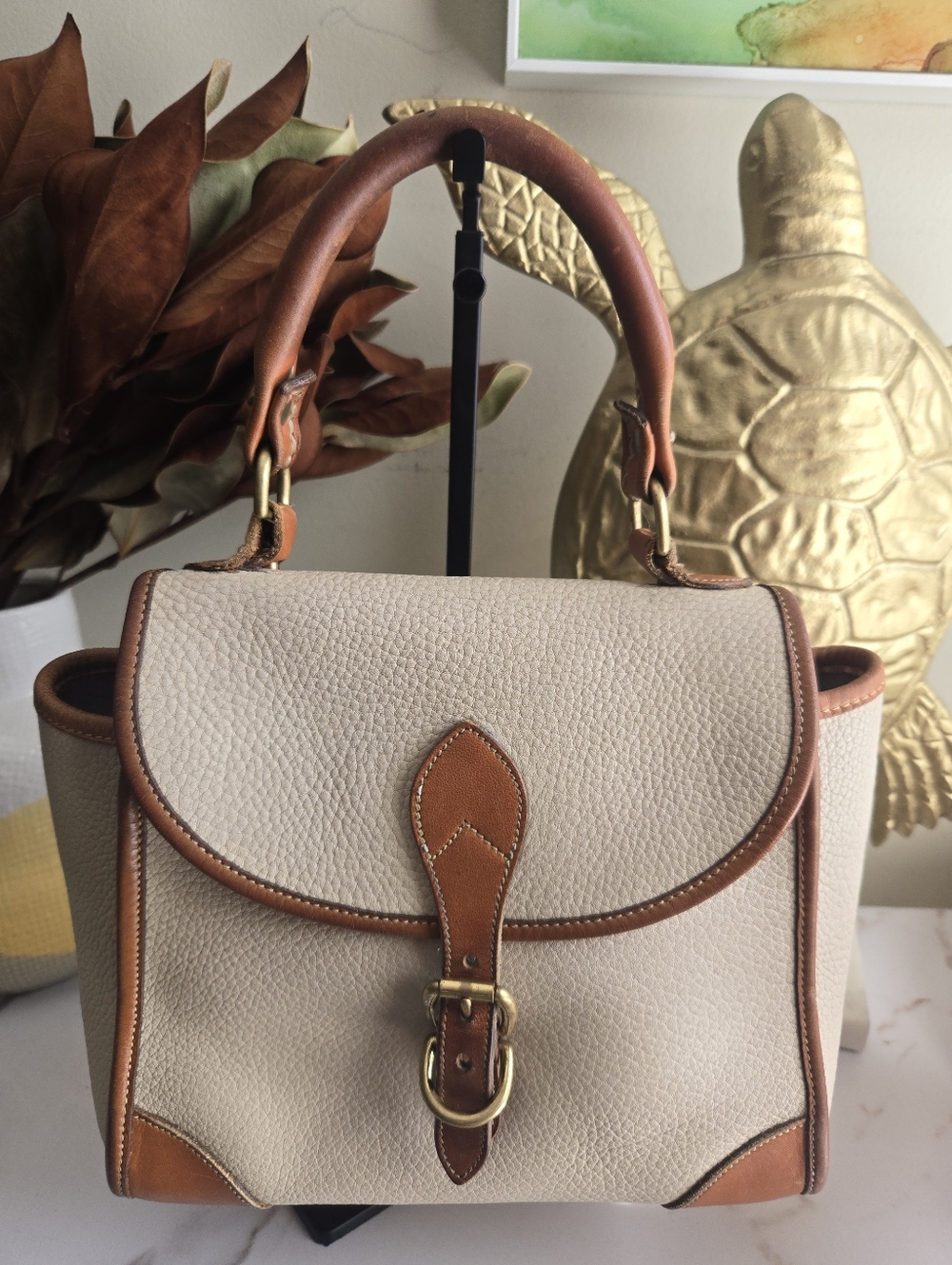 Vintage Dooney & Bourke Cream and Brown Pebbled Leather Top Handle Bag